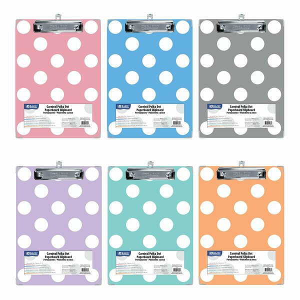 Bazic Products Paperboard Clipboard with Low Profile Clip, Standard Size, Carnival Polka Dot Assorted, 6PK 1832